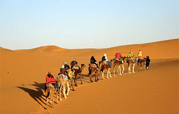 A group of people riding camels across a desert-Armaan Holidays